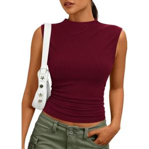 image:imagePRETTYGARDEN Sleeveless Tops for Women Ribbed Mock Neck Tank Top Slim Fitted Ruched Basic Layering Shirts 2026 Summer ClothesBurgundy