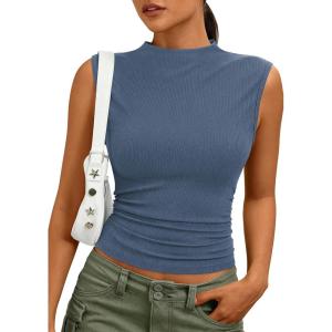 image:imagePRETTYGARDEN Sleeveless Tops for Women Ribbed Mock Neck Tank Top Slim Fitted Ruched Basic Layering Shirts 2026 Summer ClothesDusty Blue