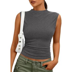 image:imagePRETTYGARDEN Sleeveless Tops for Women Ribbed Mock Neck Tank Top Slim Fitted Ruched Basic Layering Shirts 2026 Summer ClothesGrey