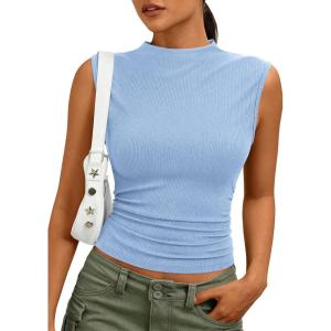 image:imagePRETTYGARDEN Sleeveless Tops for Women Ribbed Mock Neck Tank Top Slim Fitted Ruched Basic Layering Shirts 2026 Summer ClothesLight Blue
