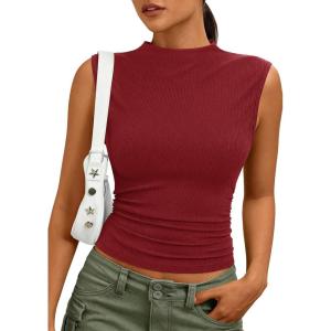 image:imagePRETTYGARDEN Sleeveless Tops for Women Ribbed Mock Neck Tank Top Slim Fitted Ruched Basic Layering Shirts 2026 Summer ClothesRed