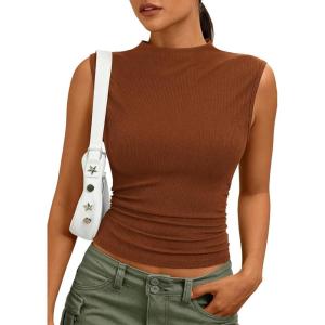 image:imagePRETTYGARDEN Sleeveless Tops for Women Ribbed Mock Neck Tank Top Slim Fitted Ruched Basic Layering Shirts 2026 Summer ClothesRed Brown