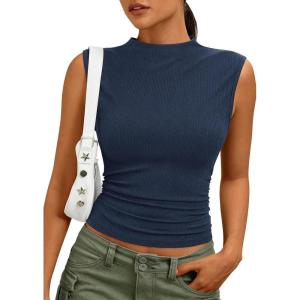 image:imagePRETTYGARDEN Sleeveless Tops for Women Ribbed Mock Neck Tank Top Slim Fitted Ruched Basic Layering Shirts 2026 Summer ClothesRoyal Blue
