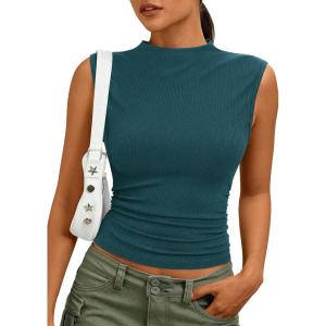 image:imagePRETTYGARDEN Sleeveless Tops for Women Ribbed Mock Neck Tank Top Slim Fitted Ruched Basic Layering Shirts 2026 Summer ClothesTeal