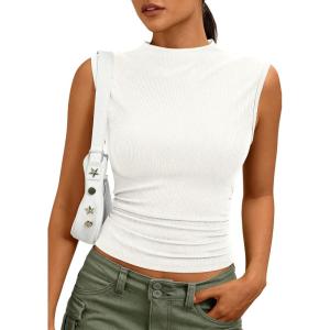 image:imagePRETTYGARDEN Sleeveless Tops for Women Ribbed Mock Neck Tank Top Slim Fitted Ruched Basic Layering Shirts 2026 Summer ClothesWhite