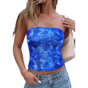 image:imagePRETTYGARDEN Tube Tops for Women 2026 Summer Spring Floral Strapless Going Out Tops Y2K Mesh Cute Beach Vacation ClothesBright Blue