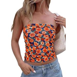 image:imagePRETTYGARDEN Tube Tops for Women 2026 Summer Spring Floral Strapless Going Out Tops Y2K Mesh Cute Beach Vacation ClothesDark Blue Orange Red