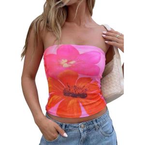 image:imagePRETTYGARDEN Tube Tops for Women 2026 Summer Spring Floral Strapless Going Out Tops Y2K Mesh Cute Beach Vacation ClothesPink