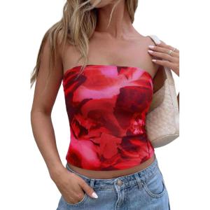 image:imagePRETTYGARDEN Tube Tops for Women 2026 Summer Spring Floral Strapless Going Out Tops Y2K Mesh Cute Beach Vacation ClothesRed