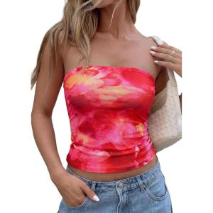 image:imagePRETTYGARDEN Tube Tops for Women 2026 Summer Spring Floral Strapless Going Out Tops Y2K Mesh Cute Beach Vacation ClothesRose Red