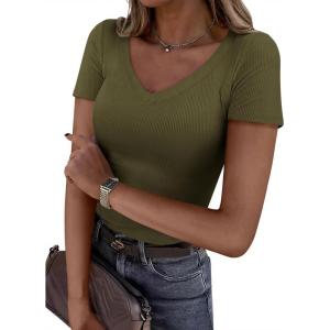 image:imagePRETTYGARDEN Women 2026 Spring Tops Trendy Ribbed Short Sleeve V Neck Fitted Basic Tee Shirts Casual Going Out Summer OutfitsArmy Green