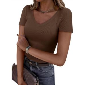 image:imagePRETTYGARDEN Women 2026 Spring Tops Trendy Ribbed Short Sleeve V Neck Fitted Basic Tee Shirts Casual Going Out Summer OutfitsBrown
