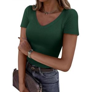 image:imagePRETTYGARDEN Women 2026 Spring Tops Trendy Ribbed Short Sleeve V Neck Fitted Basic Tee Shirts Casual Going Out Summer OutfitsDark Green