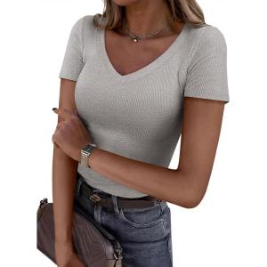 image:imagePRETTYGARDEN Women 2026 Spring Tops Trendy Ribbed Short Sleeve V Neck Fitted Basic Tee Shirts Casual Going Out Summer OutfitsGrey