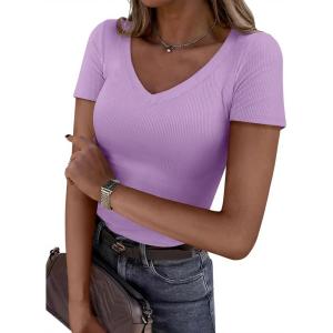 image:imagePRETTYGARDEN Women 2026 Spring Tops Trendy Ribbed Short Sleeve V Neck Fitted Basic Tee Shirts Casual Going Out Summer OutfitsPurple
