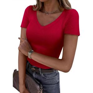 image:imagePRETTYGARDEN Women 2026 Spring Tops Trendy Ribbed Short Sleeve V Neck Fitted Basic Tee Shirts Casual Going Out Summer OutfitsRed