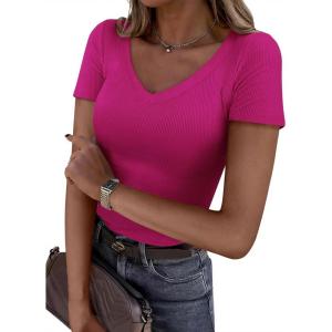 image:imagePRETTYGARDEN Women 2026 Spring Tops Trendy Ribbed Short Sleeve V Neck Fitted Basic Tee Shirts Casual Going Out Summer OutfitsRose Red