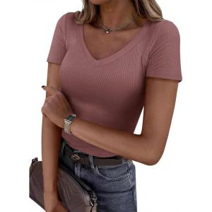 image:imagePRETTYGARDEN Women 2026 Spring Tops Trendy Ribbed Short Sleeve V Neck Fitted Basic Tee Shirts Casual Going Out Summer OutfitsTaupe