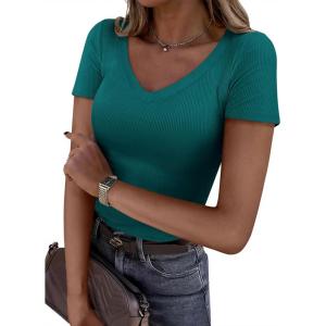 image:imagePRETTYGARDEN Women 2026 Spring Tops Trendy Ribbed Short Sleeve V Neck Fitted Basic Tee Shirts Casual Going Out Summer OutfitsTeal