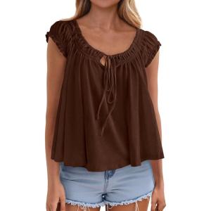 image:imagePRETTYGARDEN Women Babydoll Tops 2026 Summer Clothes Cap Sleeve Tie Front Flowy Tank Top Peplum Blouses Cute Going Out ShirtsBrown