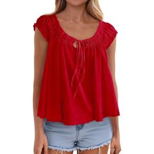 image:imagePRETTYGARDEN Women Babydoll Tops 2026 Summer Clothes Cap Sleeve Tie Front Flowy Tank Top Peplum Blouses Cute Going Out ShirtsRed