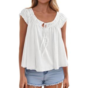 image:imagePRETTYGARDEN Women Babydoll Tops 2026 Summer Clothes Cap Sleeve Tie Front Flowy Tank Top Peplum Blouses Cute Going Out ShirtsWhite