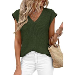 image:imagePRETTYGARDEN Womens 2026 Lightweight Sweaters Vest Spring Trendy Cap Sleeve V Neck Knit Tank Tops Summer Going Out OutfitsArmy Green