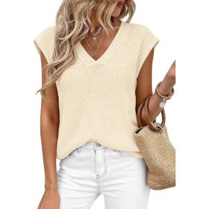 image:imagePRETTYGARDEN Womens 2026 Lightweight Sweaters Vest Spring Trendy Cap Sleeve V Neck Knit Tank Tops Summer Going Out OutfitsBeige
