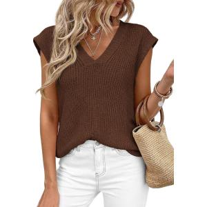image:imagePRETTYGARDEN Womens 2026 Lightweight Sweaters Vest Spring Trendy Cap Sleeve V Neck Knit Tank Tops Summer Going Out OutfitsCoffee