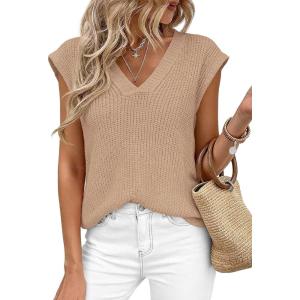 image:imagePRETTYGARDEN Womens 2026 Lightweight Sweaters Vest Spring Trendy Cap Sleeve V Neck Knit Tank Tops Summer Going Out OutfitsKhaki