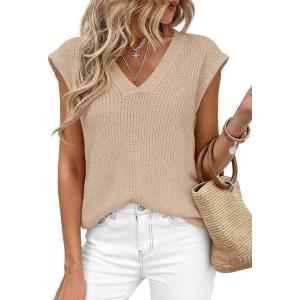 image:imagePRETTYGARDEN Womens 2026 Lightweight Sweaters Vest Spring Trendy Cap Sleeve V Neck Knit Tank Tops Summer Going Out OutfitsLight Khaki