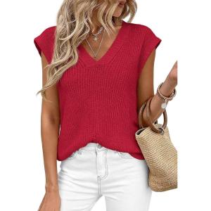 image:imagePRETTYGARDEN Womens 2026 Lightweight Sweaters Vest Spring Trendy Cap Sleeve V Neck Knit Tank Tops Summer Going Out OutfitsRed