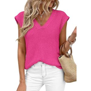 image:imagePRETTYGARDEN Womens 2026 Lightweight Sweaters Vest Spring Trendy Cap Sleeve V Neck Knit Tank Tops Summer Going Out OutfitsRose Red