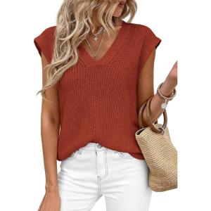 image:imagePRETTYGARDEN Womens 2026 Lightweight Sweaters Vest Spring Trendy Cap Sleeve V Neck Knit Tank Tops Summer Going Out OutfitsRust Red