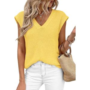 image:imagePRETTYGARDEN Womens 2026 Lightweight Sweaters Vest Spring Trendy Cap Sleeve V Neck Knit Tank Tops Summer Going Out OutfitsYellow