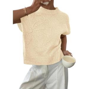 image:imagePRETTYGARDEN Womens 2026 Spring Sweater Vest Trendy Flower Knit Short Sleeve Cute Pullover Tank Tops Summer Fashion ClothingApricot