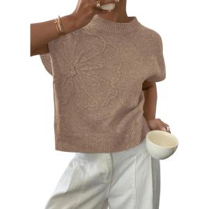 image:imagePRETTYGARDEN Womens 2026 Spring Sweater Vest Trendy Flower Knit Short Sleeve Cute Pullover Tank Tops Summer Fashion ClothingGrey Khaki