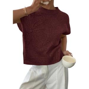 image:imagePRETTYGARDEN Womens 2026 Spring Sweater Vest Trendy Flower Knit Short Sleeve Cute Pullover Tank Tops Summer Fashion ClothingRed Brown