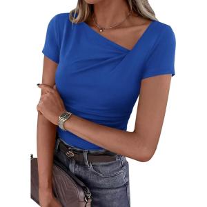 image:imagePRETTYGARDEN Womens 2026 Summer Asymmetrical Y2K Tops Trendy Ribbed Short Sleeve Fitted Tee Shirts Spring Fashion ClothingBlue