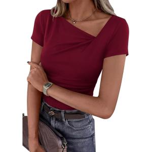 image:imagePRETTYGARDEN Womens 2026 Summer Asymmetrical Y2K Tops Trendy Ribbed Short Sleeve Fitted Tee Shirts Spring Fashion ClothingBurgundy