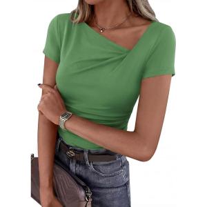 image:imagePRETTYGARDEN Womens 2026 Summer Asymmetrical Y2K Tops Trendy Ribbed Short Sleeve Fitted Tee Shirts Spring Fashion ClothingFruit Green