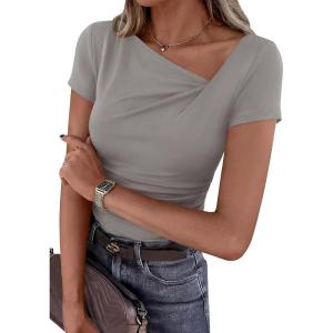 image:imagePRETTYGARDEN Womens 2026 Summer Asymmetrical Y2K Tops Trendy Ribbed Short Sleeve Fitted Tee Shirts Spring Fashion ClothingLight Grey