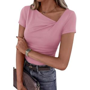 image:imagePRETTYGARDEN Womens 2026 Summer Asymmetrical Y2K Tops Trendy Ribbed Short Sleeve Fitted Tee Shirts Spring Fashion ClothingPink
