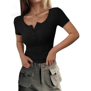 image:imagePRETTYGARDEN Womens 2026 Summer Short Sleeve Tops Ribbed Henley Button Slim Fit Basic Casual T Shirts Blouse Fashion ClothingBlack