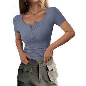 image:imagePRETTYGARDEN Womens 2026 Summer Short Sleeve Tops Ribbed Henley Button Slim Fit Basic Casual T Shirts Blouse Fashion ClothingBlue Grey