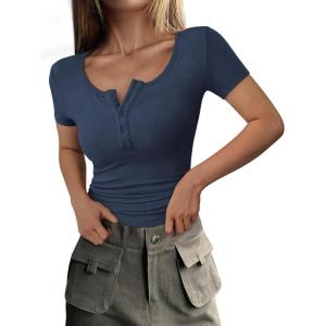 image:imagePRETTYGARDEN Womens 2026 Summer Short Sleeve Tops Ribbed Henley Button Slim Fit Basic Casual T Shirts Blouse Fashion ClothingDark Blue