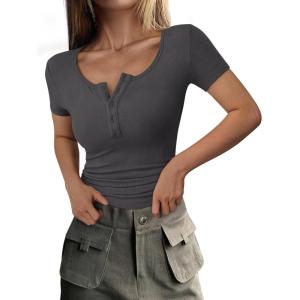 image:imagePRETTYGARDEN Womens 2026 Summer Short Sleeve Tops Ribbed Henley Button Slim Fit Basic Casual T Shirts Blouse Fashion ClothingDark Grey