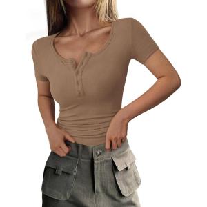 image:imagePRETTYGARDEN Womens 2026 Summer Short Sleeve Tops Ribbed Henley Button Slim Fit Basic Casual T Shirts Blouse Fashion ClothingLight Brown