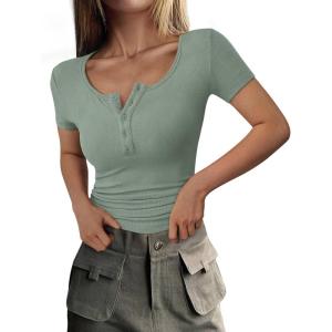 image:imagePRETTYGARDEN Womens 2026 Summer Short Sleeve Tops Ribbed Henley Button Slim Fit Basic Casual T Shirts Blouse Fashion ClothingLight Green