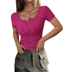 image:imagePRETTYGARDEN Womens 2026 Summer Short Sleeve Tops Ribbed Henley Button Slim Fit Basic Casual T Shirts Blouse Fashion ClothingRose Red